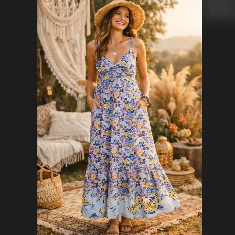 STITCH DROP Maxi Dress XL Ditsy Floral Sleeveless Smocked Pockets Side Zip Boho - Picture 3 of 15